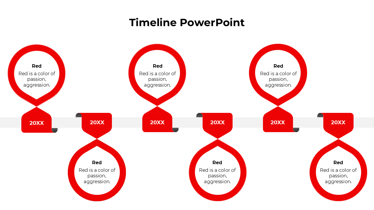 Red timeline slide with six alternating circular loops connected to a horizontal bar, featuring year labels and captions.