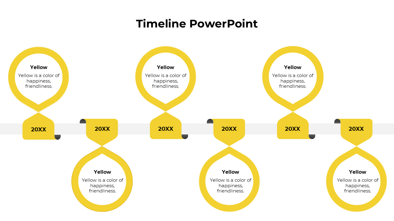 A vibrant yellow timeline PowerPoint template with circles highlighting each milestone and arrows to indicate progress.