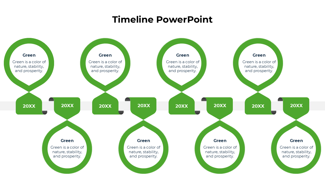 Structured green themed timeline template with eight alternating circular markers and placeholders for key events.