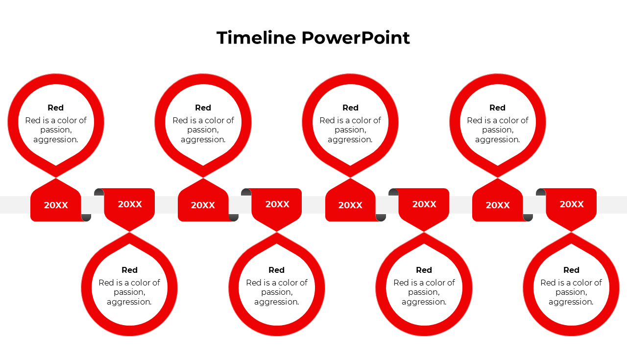 Horizontal timeline infographic with eight red looped markers and text descriptions connected by a central line.