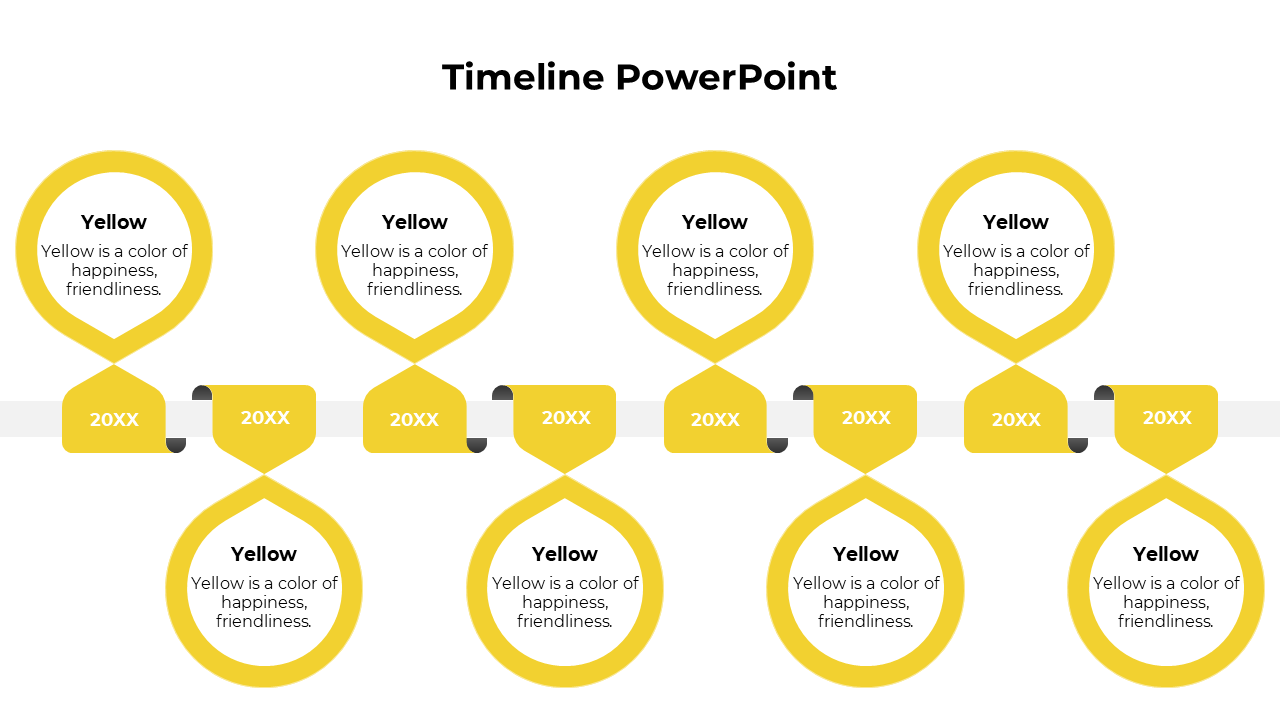 A yellow themed timeline PPT slide with circular markers for each year with text descriptions.