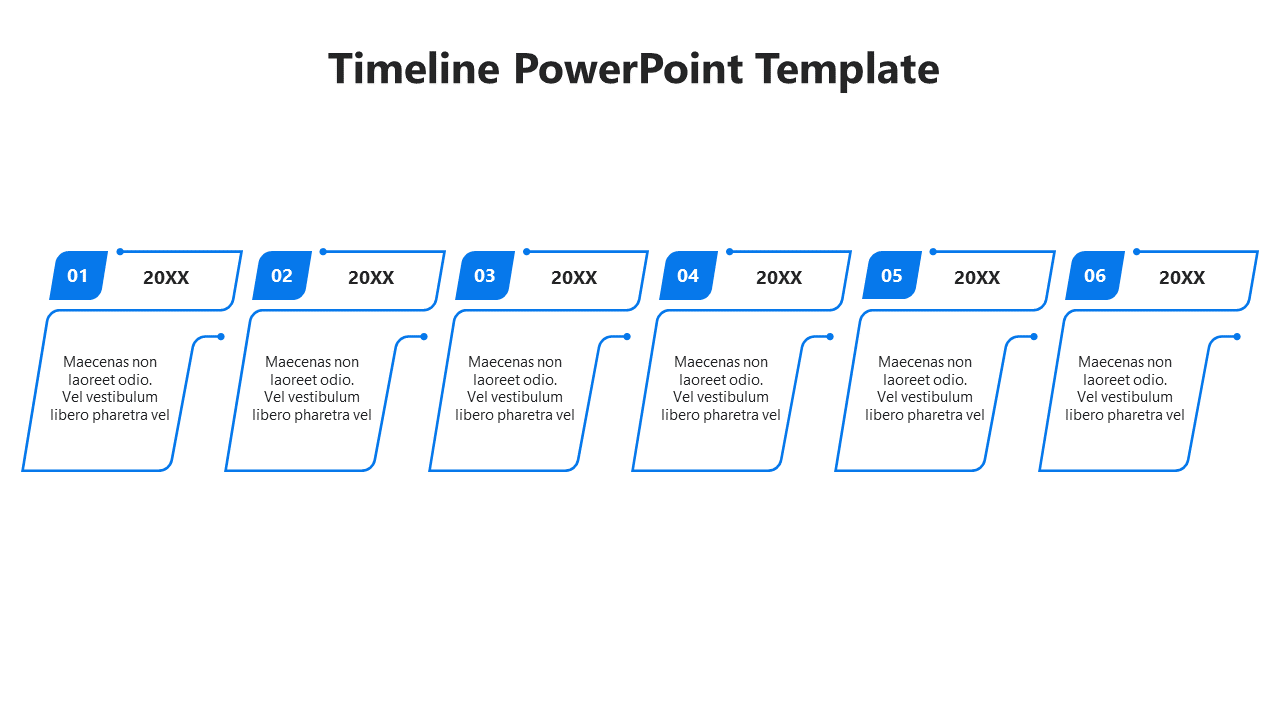 Six-step timeline design with numbered stages and placeholders for content in a blue-themed format.