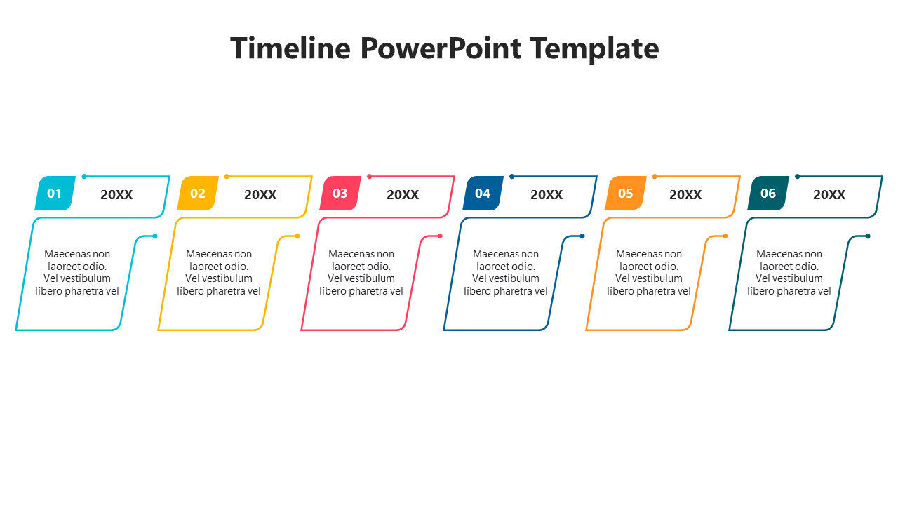 Timeline with six colorful sections in teal, yellow, red, blue, orange, and green, with numbered years and text placeholders.