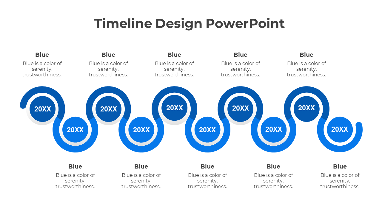 A timeline PowerPoint template with blue colored loops, representing trustworthiness, each labeled with a year placeholder.