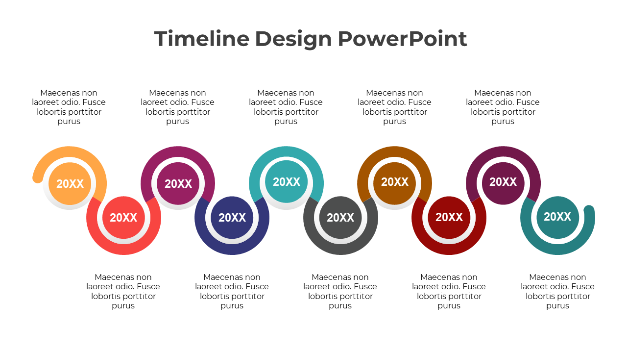 Dynamic process timeline with ten multicolored swirls connecting labeled milestones in an alternating wave like layout.