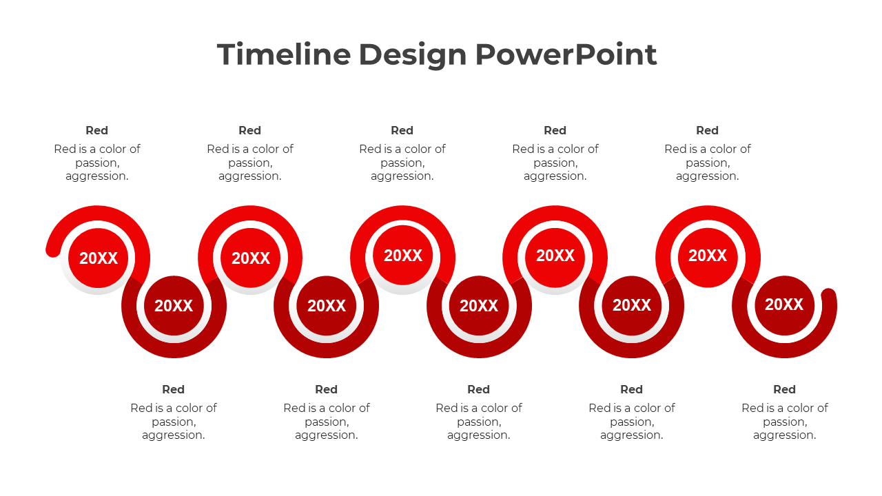 A wavy red timeline with ten circular milestones labeled 20XX, alternating between upper and lower positions with captions.