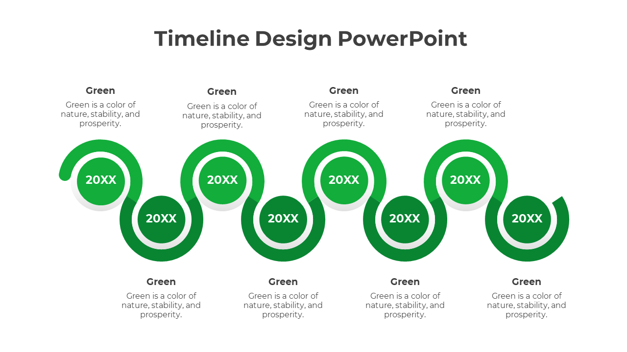 A structured green swirl timeline with eight circles marking milestones, creating a dynamic and engaging visual flow.