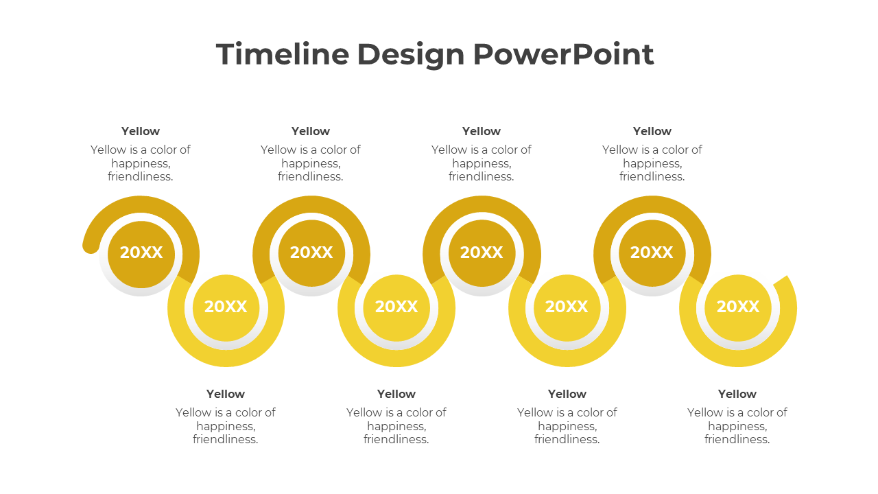 A bright yellow timeline design PowerPoint template with flowing, circular steps to indicate progress.