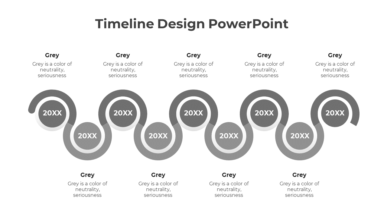 A timeline design PowerPoint slide with grey circular markers, representing different stages, with placeholder text.