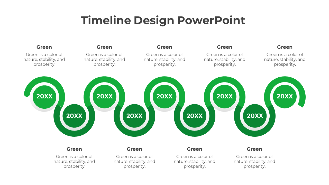 A curved green timeline with nine circular markers, each containing 20XX, connected in a continuous wave like flow.