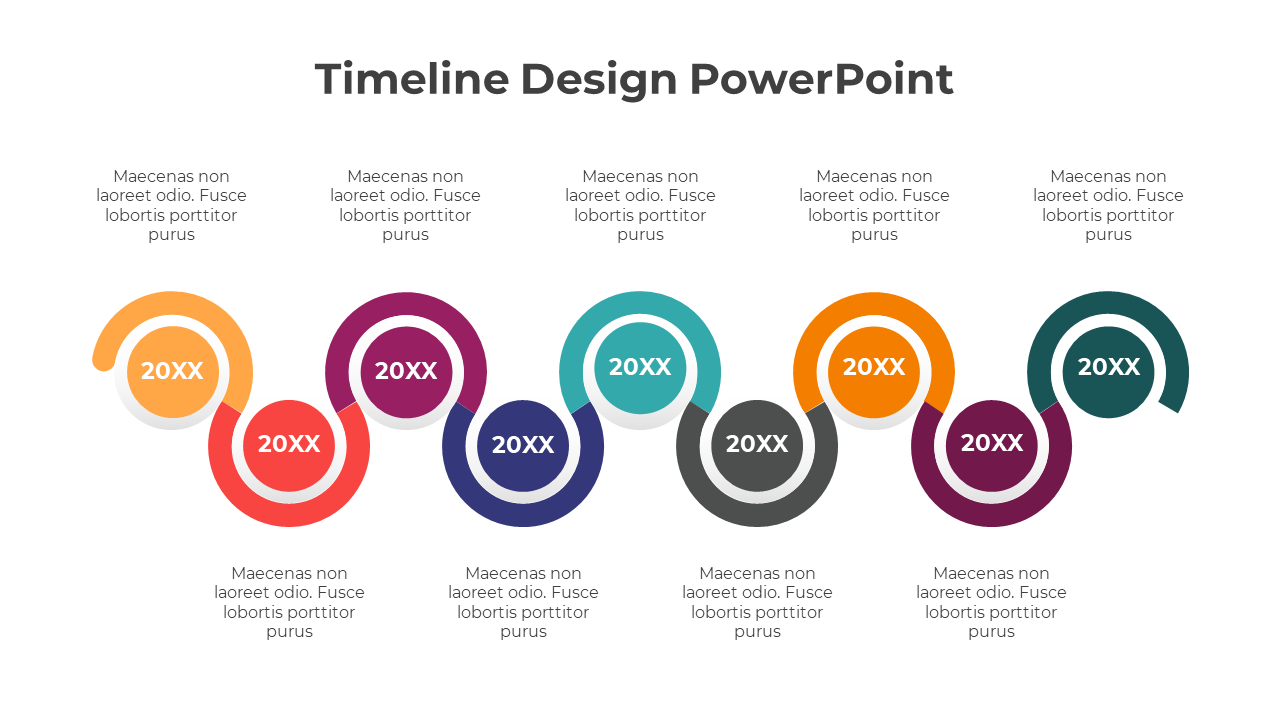 A colorful timeline PowerPoint template with circular design elements in various colors, representing different milestones.