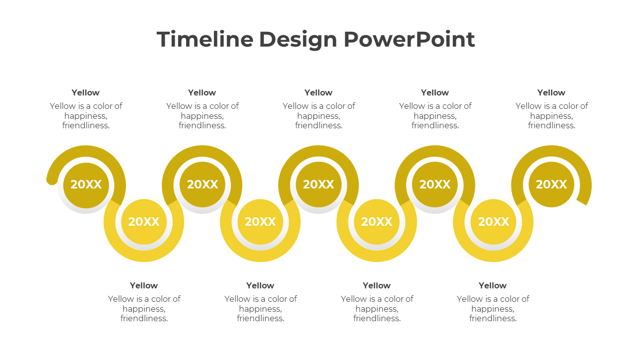 Modern timeline with yellow spirals and nine circular nodes, alternating in position, representing sequential events.