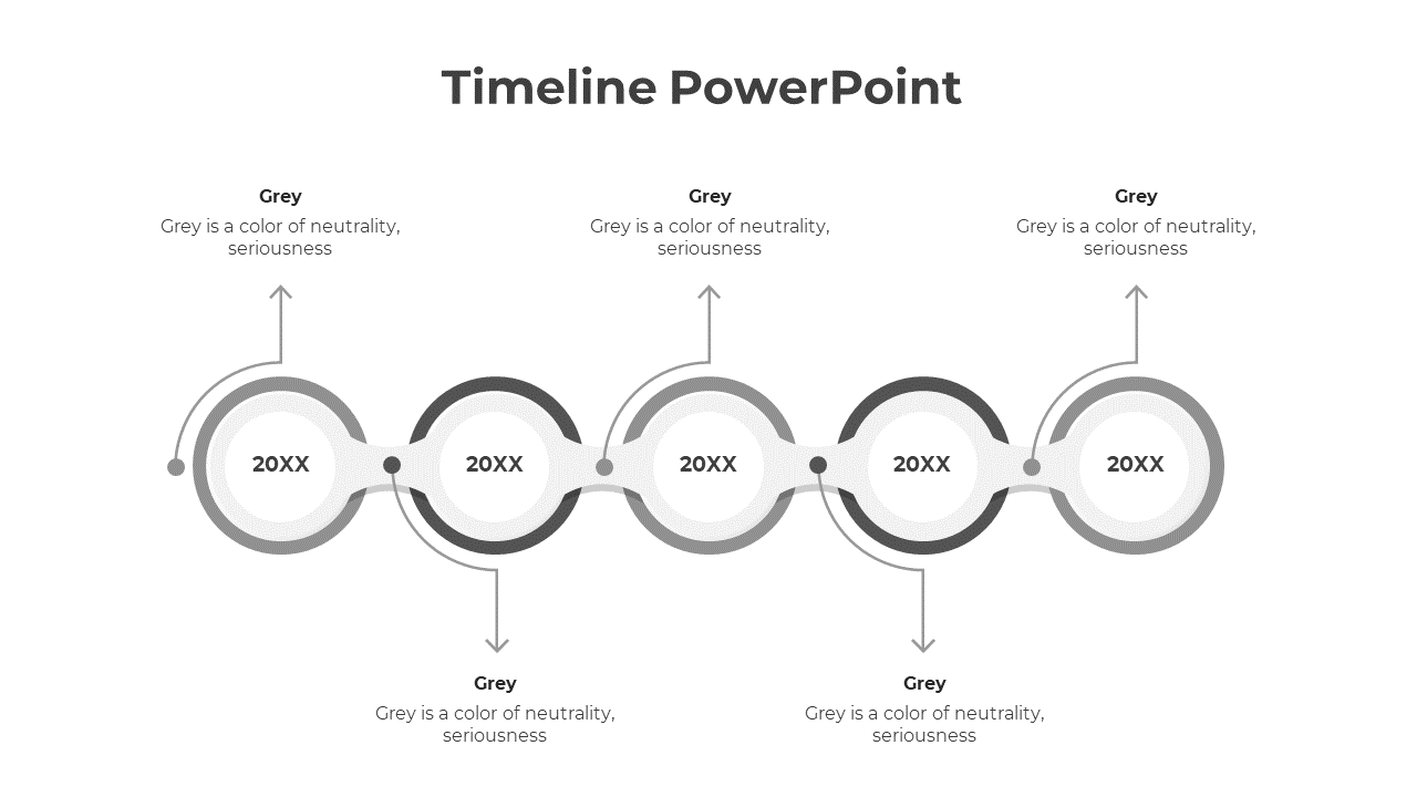 A grey colored timeline PPT template featuring circular markers with years 20XX and descriptive captions.