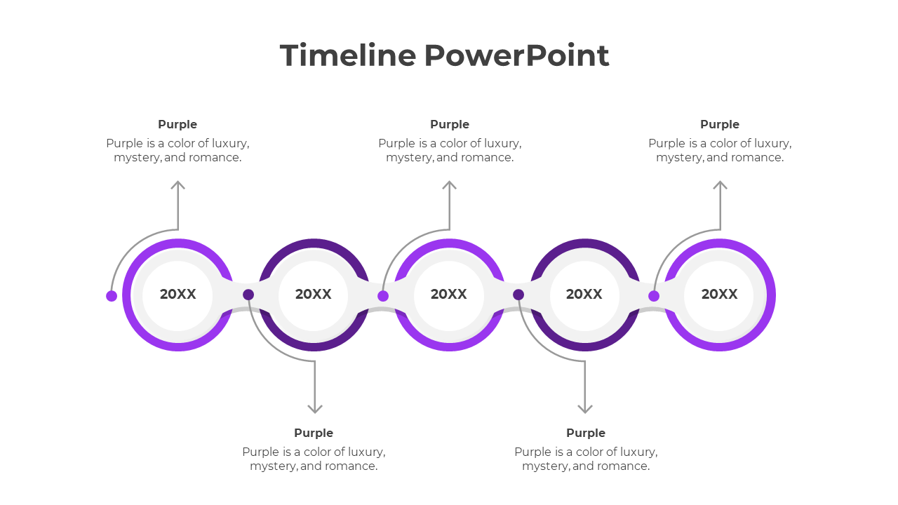 A purple colored timeline PPT template featuring circular markers with years 20XX and descriptive captions.