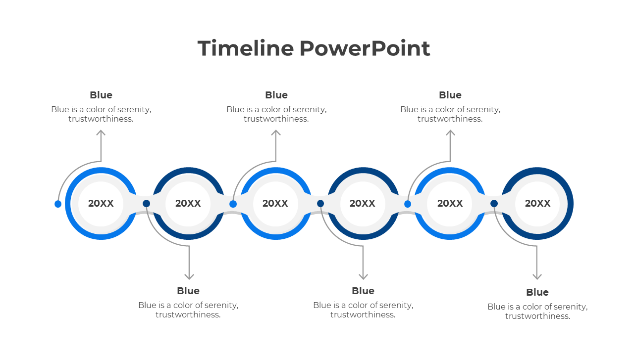 A timeline PowerPoint slide in blue tones, representing different years with circular markers labeled 20XX.