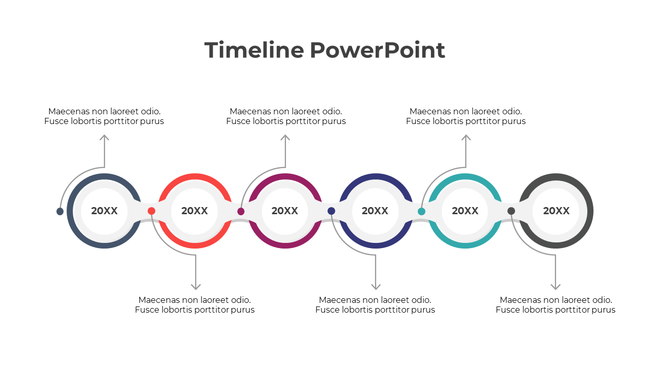 Six step multicolored timeline infographic with circular nodes, curved connectors, and placeholder text.