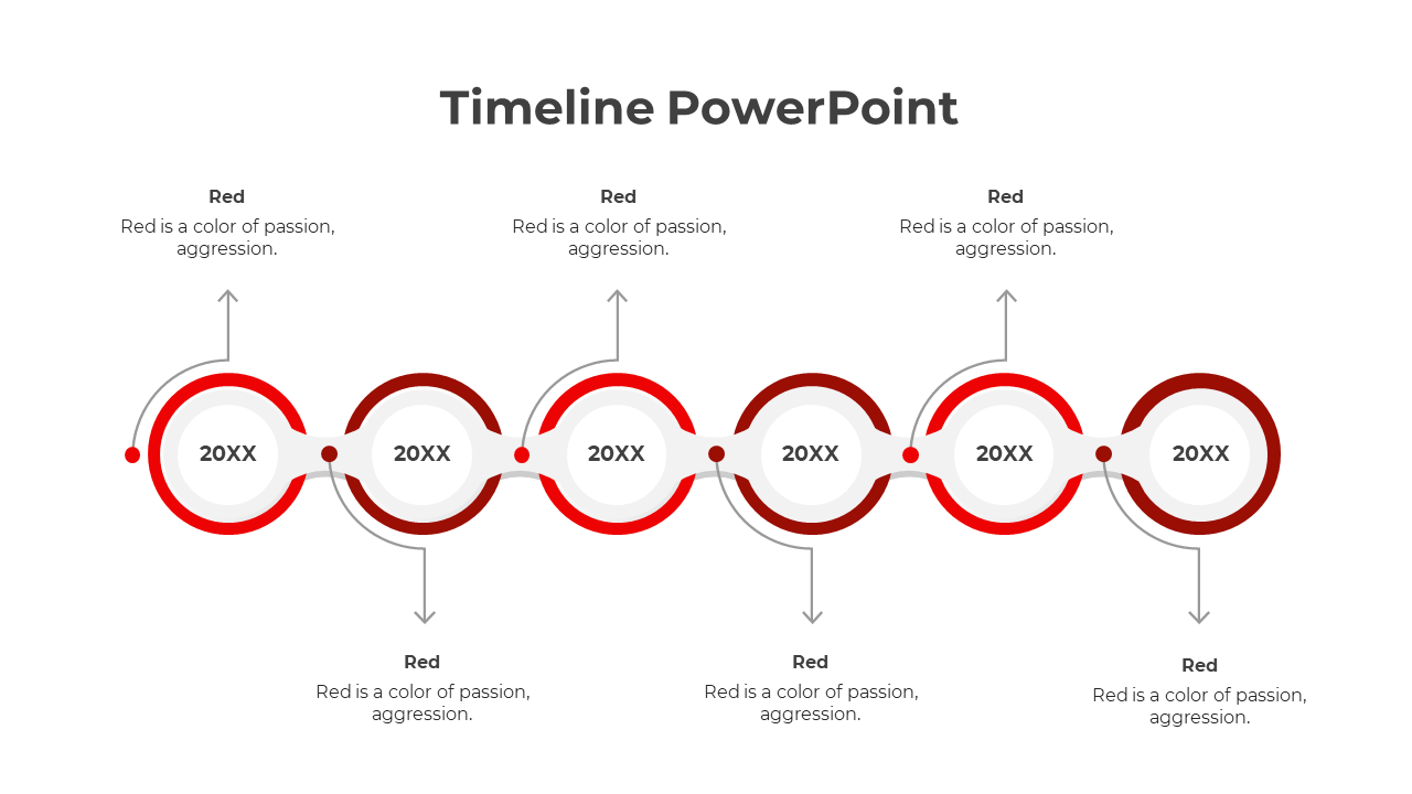 Six step red timeline infographic with circular nodes, curved connectors, and captions describing the color.