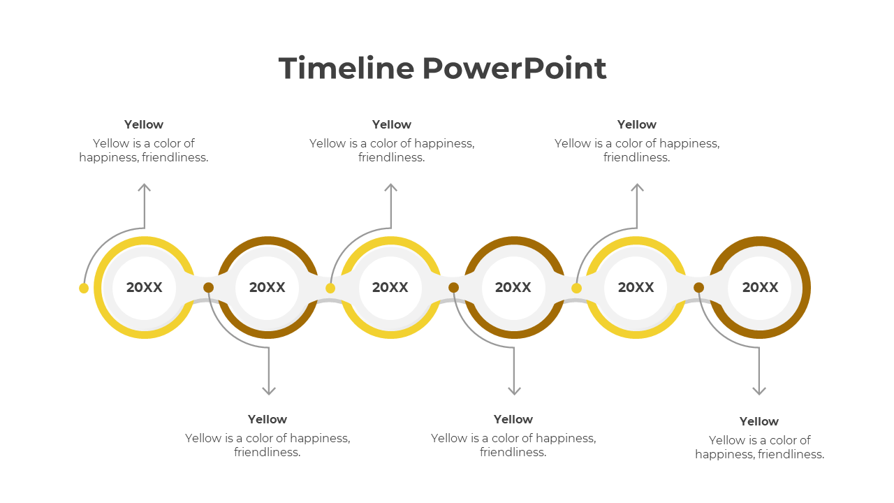 A PowerPoint timeline template with a yellow and brown color scheme, displaying years and arrows between each point.