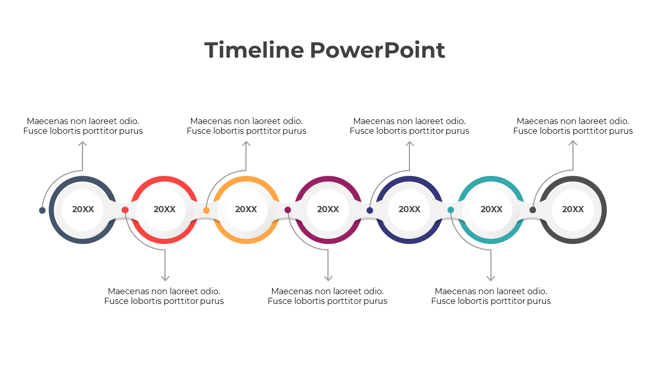 Seven linked circles in gray, red, orange, purple, blue, teal, and black, forming a curved horizontal timeline layout.