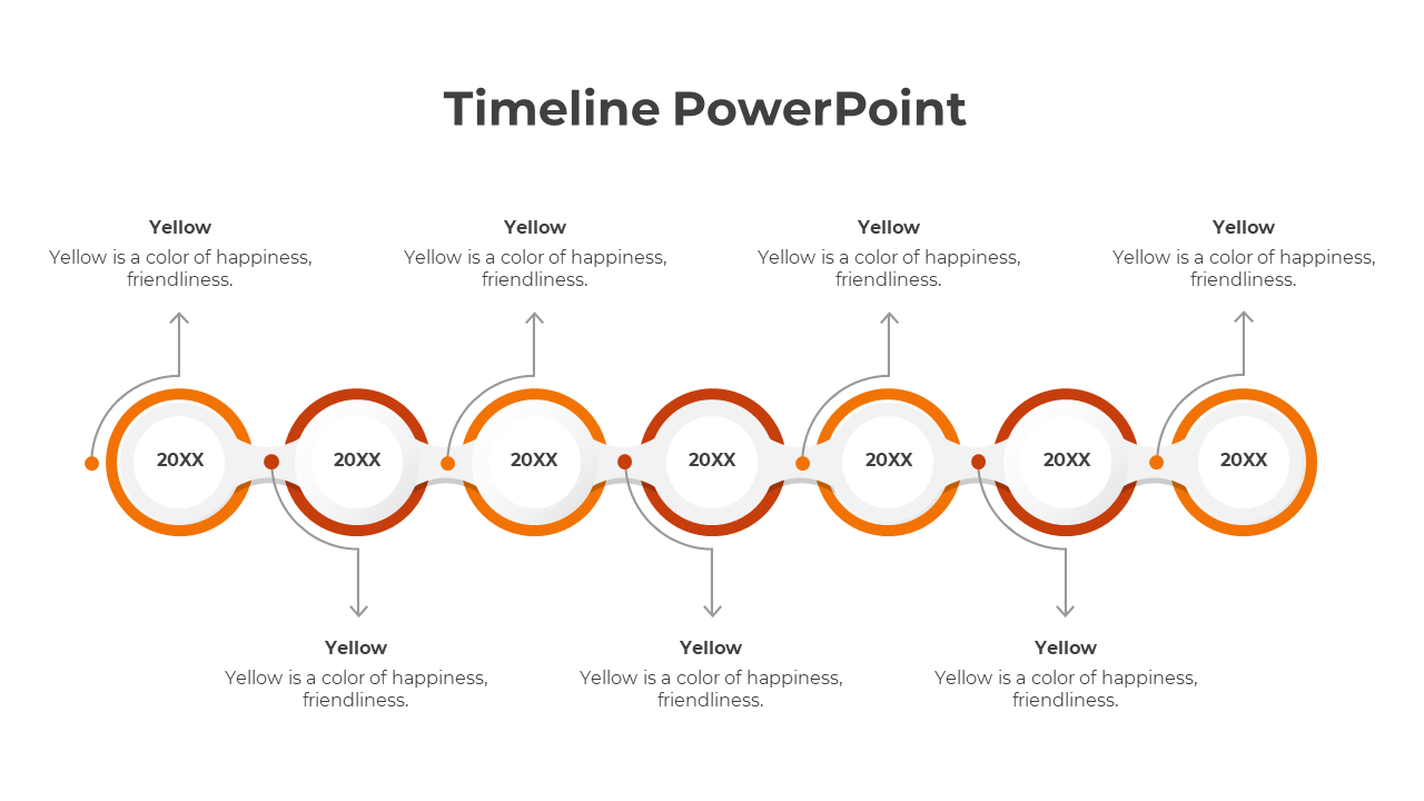 An orange themed timeline PowerPoint template with circles, arrows, and year labels with descriptions.