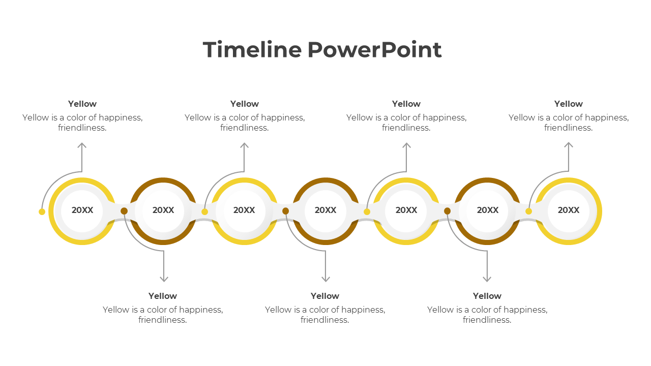 A cheerful yellow themed timeline PowerPoint template with circular markers, arrows, and year labels representing progress.