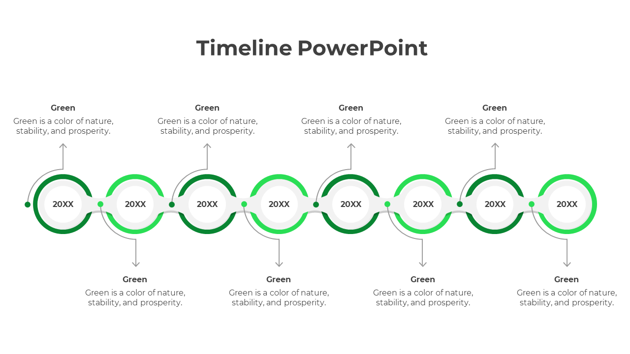 A simple timeline PPT template featuring a green theme with circular markers for each year.