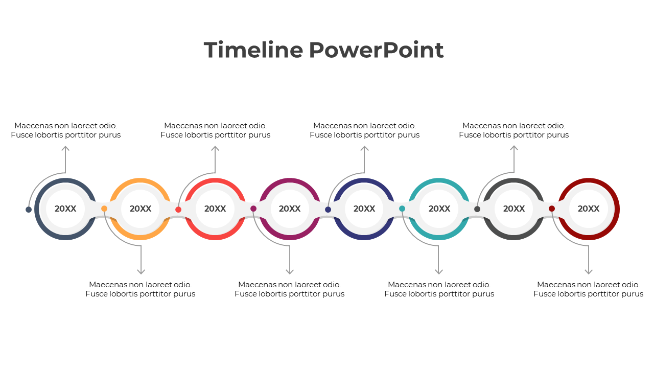 Eight connected circular nodes in various colors forming a horizontal timeline, with year placeholders inside.