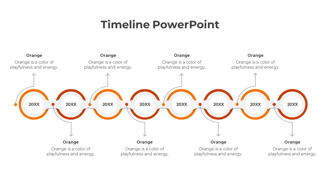 Horizontal timeline with a series of linked orange and gray circles labeled '20XX', each with placeholder texts below.