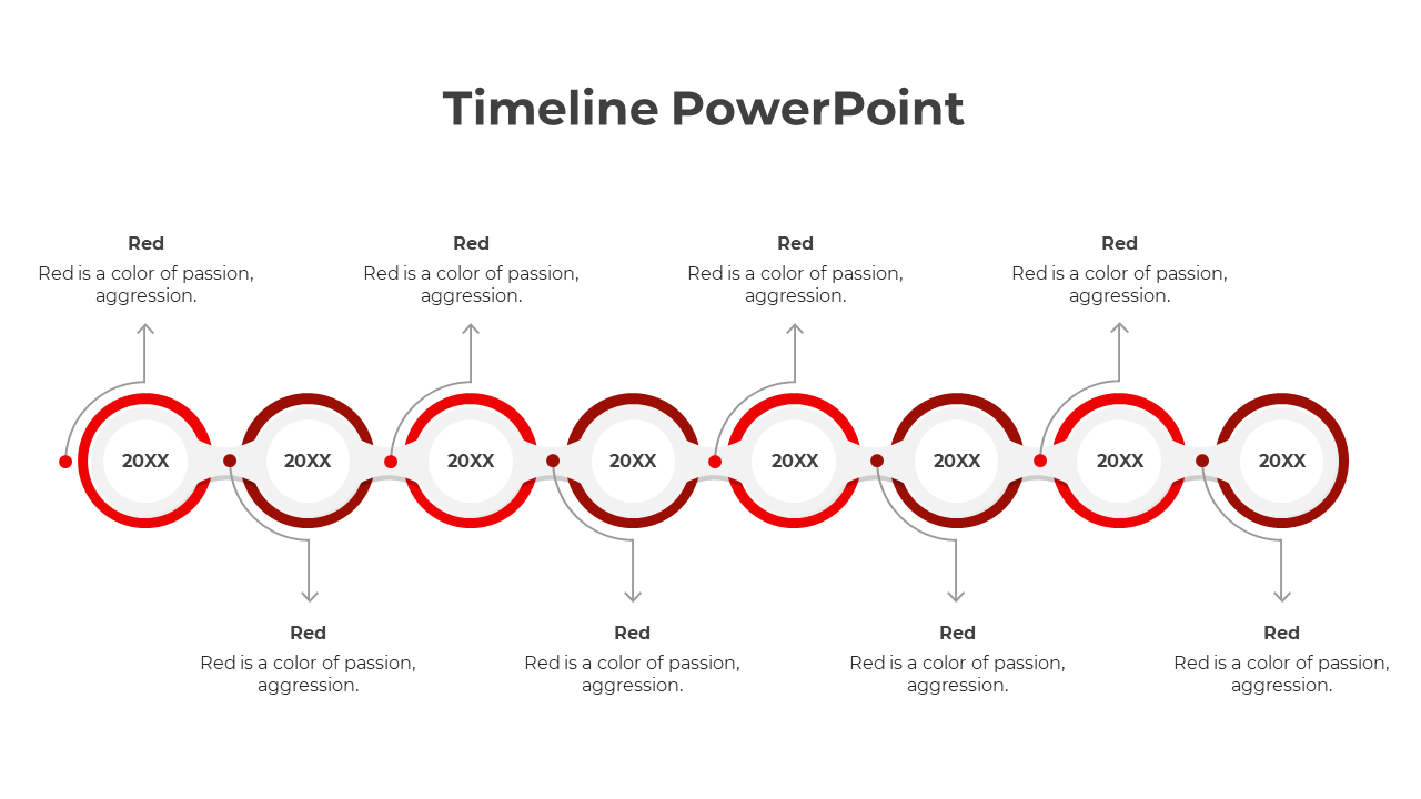 Horizontal timeline with eight circular red milestones labeled 20XX, connected by a curved path with alternating captions.