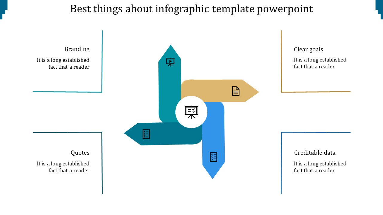 Infographic with four curved arrows in blue, teal, green, and gold pointing outward from a center circle, with black icons.