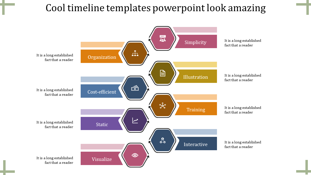 Timeline infographic with eight colorful hexagonal labels, featuring icons and paired with matching text sections.