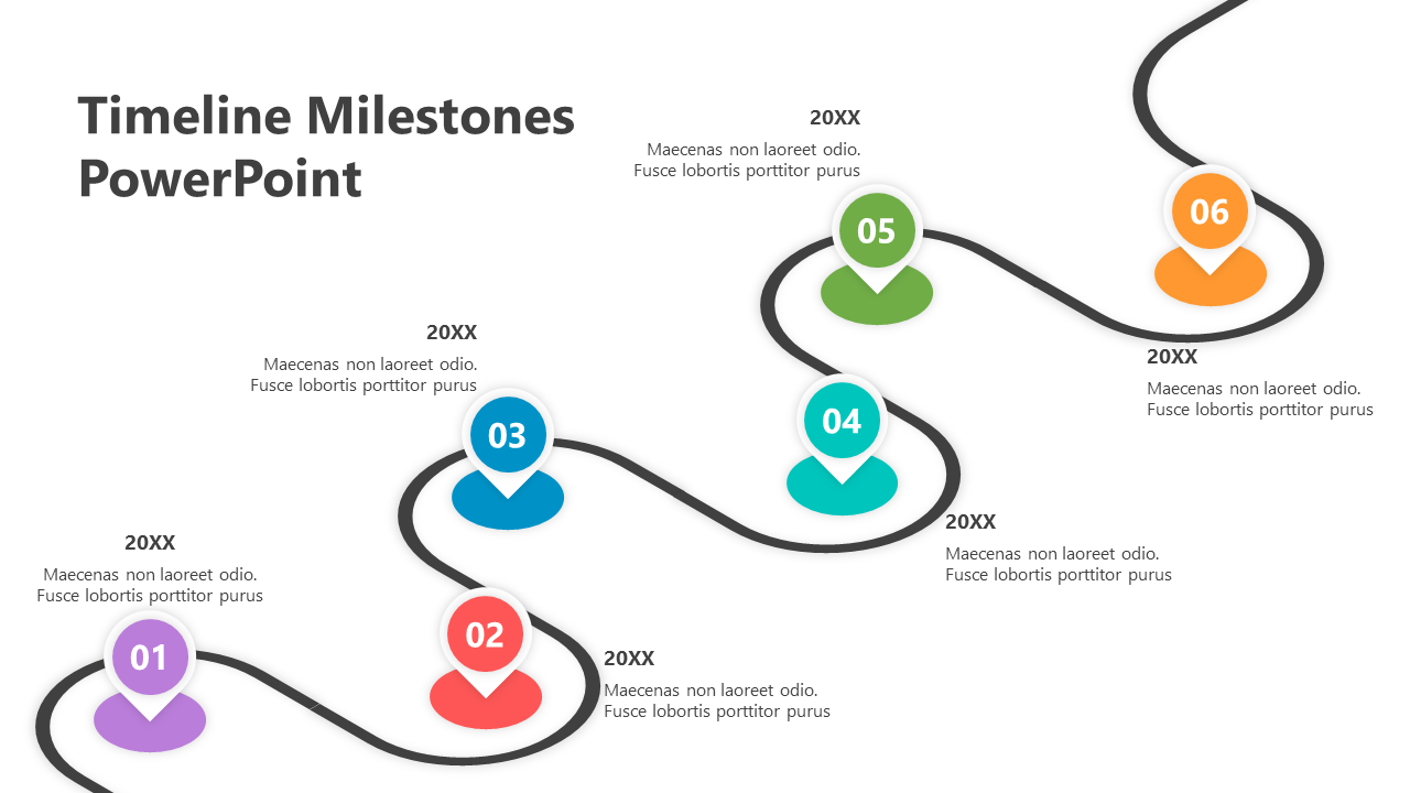 Colorful timeline PPT slide with milestone markers, each labeled with a year and description.