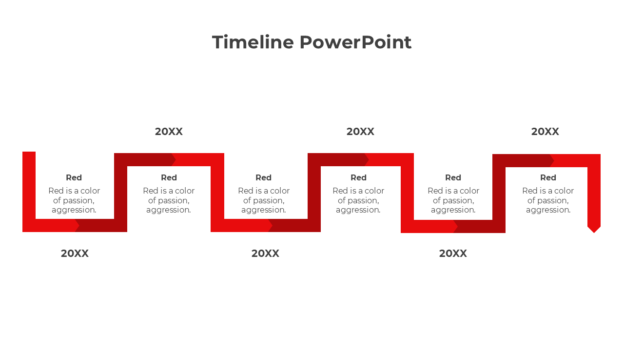 A red themed timeline with six steps, each labeled with the year 20XX and a description of the color red.