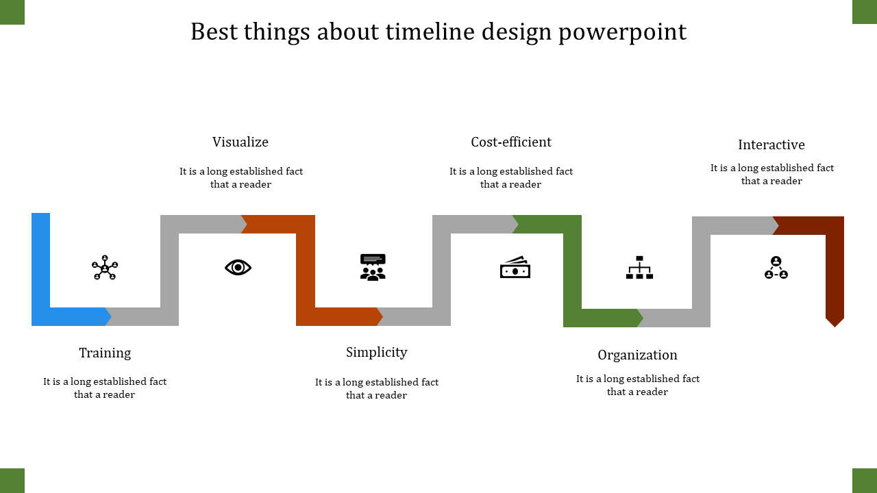 Timeline design PPT slide with icons from training to interactive with colorful arrow paths and placeholder text.