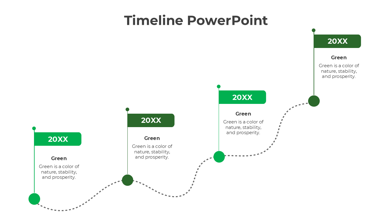 Timeline slide with four green flags on poles, connected by a wavy dotted line, representing different milestones.