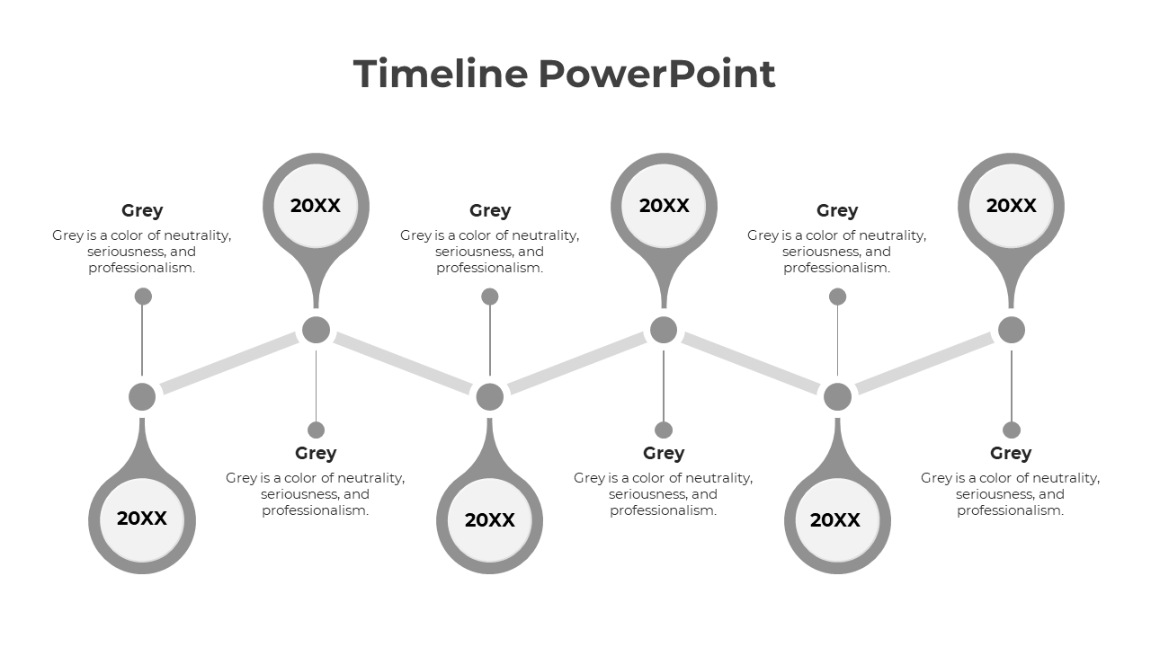 Timeline infographic with six gray drop shaped milestones, connected in a zigzag pattern with descriptive text.