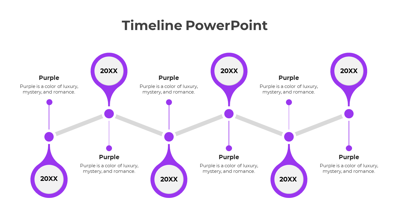 Timeline slide with six interconnected purple drop shaped markers, linked by gray lines, each labeled with 20XX and text.