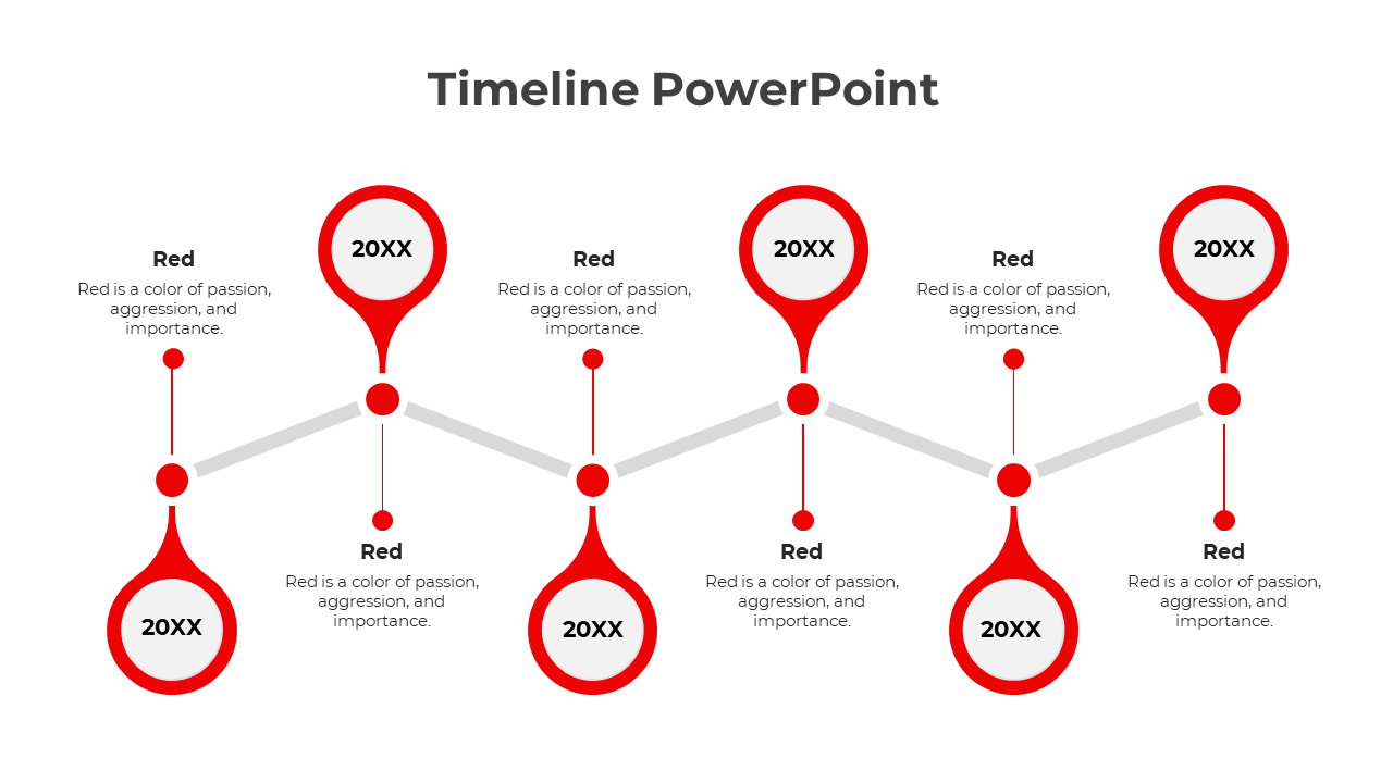 Timeline PPT slide featuring red circular markers with connecting dotted lines for each year, representing progress.