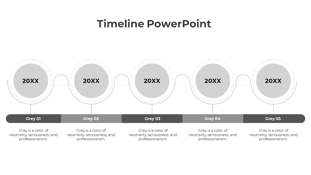 Timeline with five circular markers in light gray, connected by a smooth curved line and a rounded bar below.