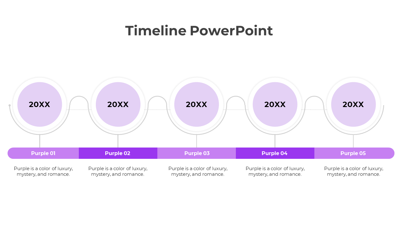 Horizontal timeline with five pastel purple circles labeled 20XX, connected by curved lines and a bar below.