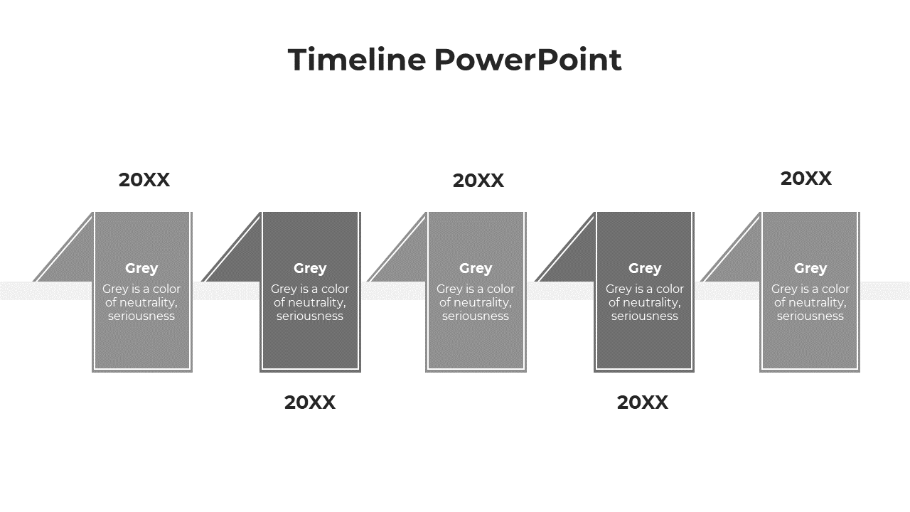 Gray gradient timeline with five vertical labels evenly spaced along a horizontal line, each with placeholder years.