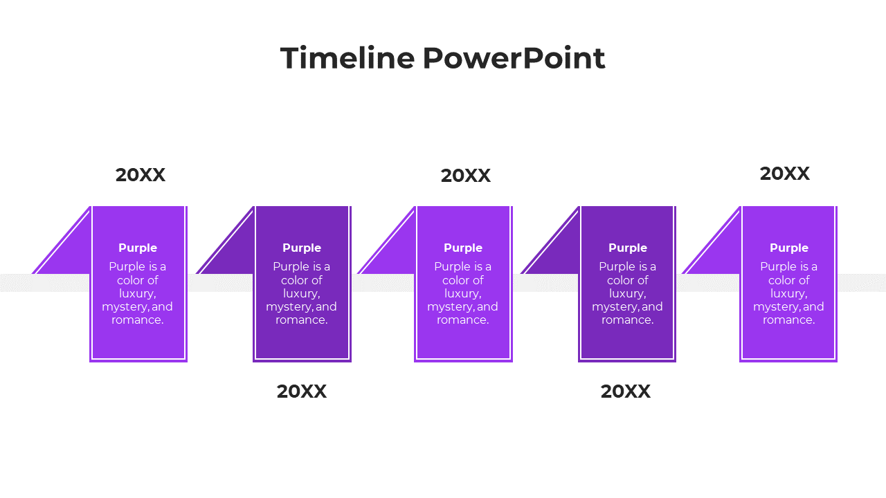 Purple themed timeline with five vertical labels, each featuring a year placeholder and text inside.