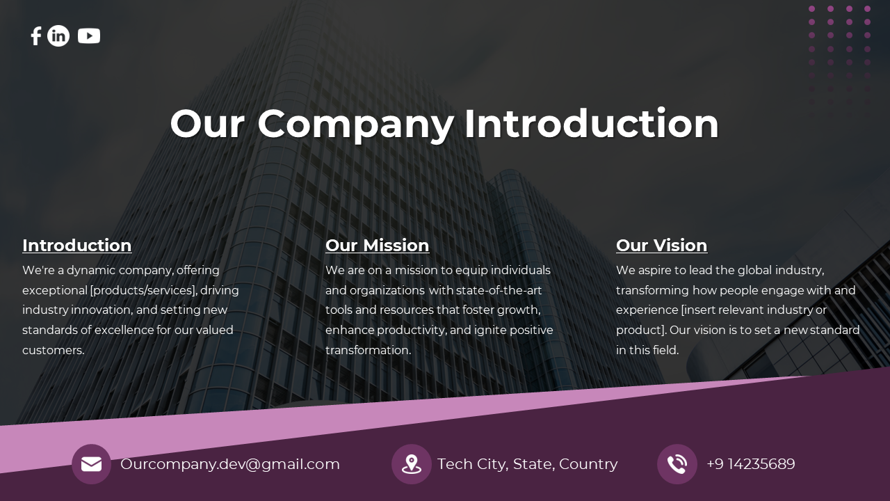 Company introduction slide with three text blocks, over a dark building image, with a purple footer.