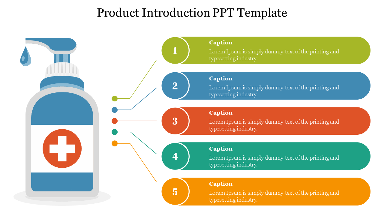 Product introduction slide featuring a medical themed bottle and five steps listed in colorful segments with text.