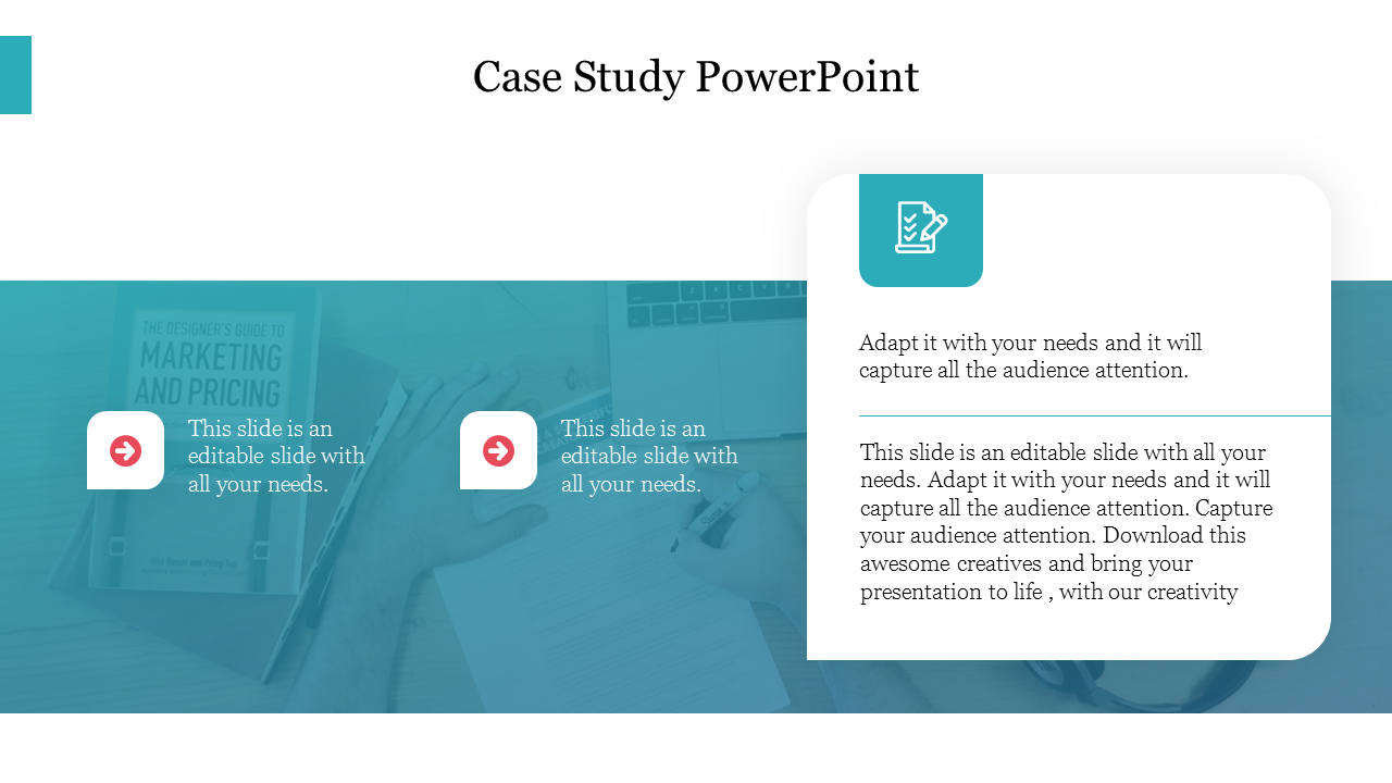 Case study slide with teal background, featuring two icons and white text box overlaid on a photo of a marketing guidebook.