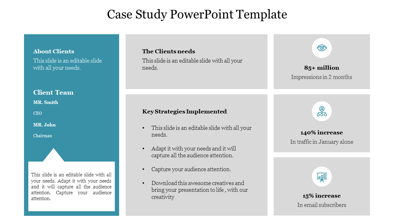 Case study slide featuring sections for client information along with statistics on impressions and email subscribers.