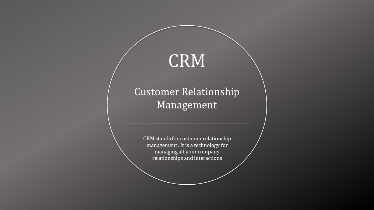 Minimalist CRM design featuring a circle with CRM and its full form inside, set against a blurred, dark background.