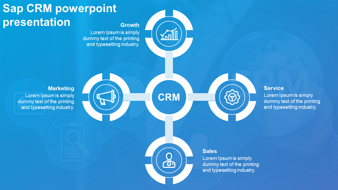 CRM diagram featuring four white circular icons connected to the center, set against a blue background.