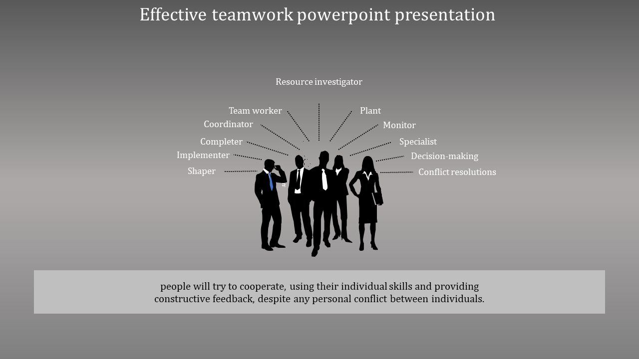 Silhouettes of business professionals with dotted lines pointing to various team roles, set on a gray gradient background.