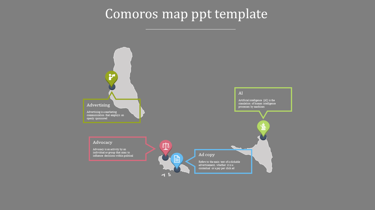 Comoros map template featuring labeled regions with icons in colored boxes on a gray background.